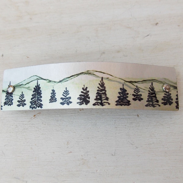 Pine tree and mountain barrette, French barrette, forest barrette, wilderness, hair clip, for women, silver, woodland, nature, hiker gift