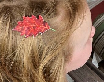 Autumn leaf snap clip, leaf barrette, autumn leaf hair clip, red oak leaf, for girls, kids, women, seasonal photo accessory, boutique