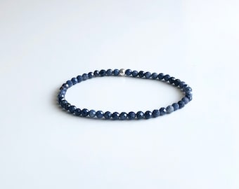Sapphire stretch bracelet, genuine sapphire beaded bracelet for women, faceted gemstones, blue, delicate, September birthstone
