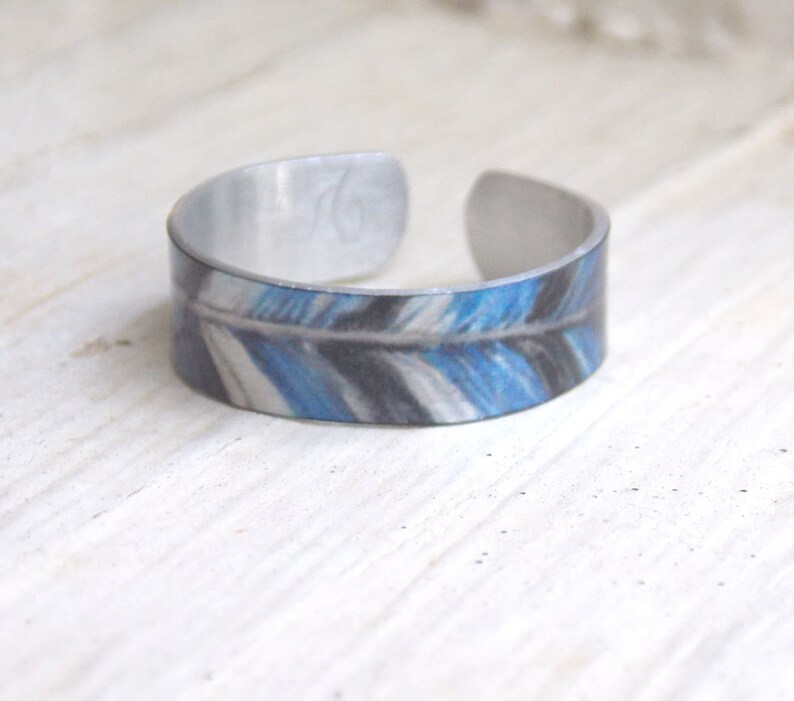 Feather ring, blue feather ring, adjustable feather ring, boho feather ring, nature ring, bird ring, western feather ring, blue jay image 6