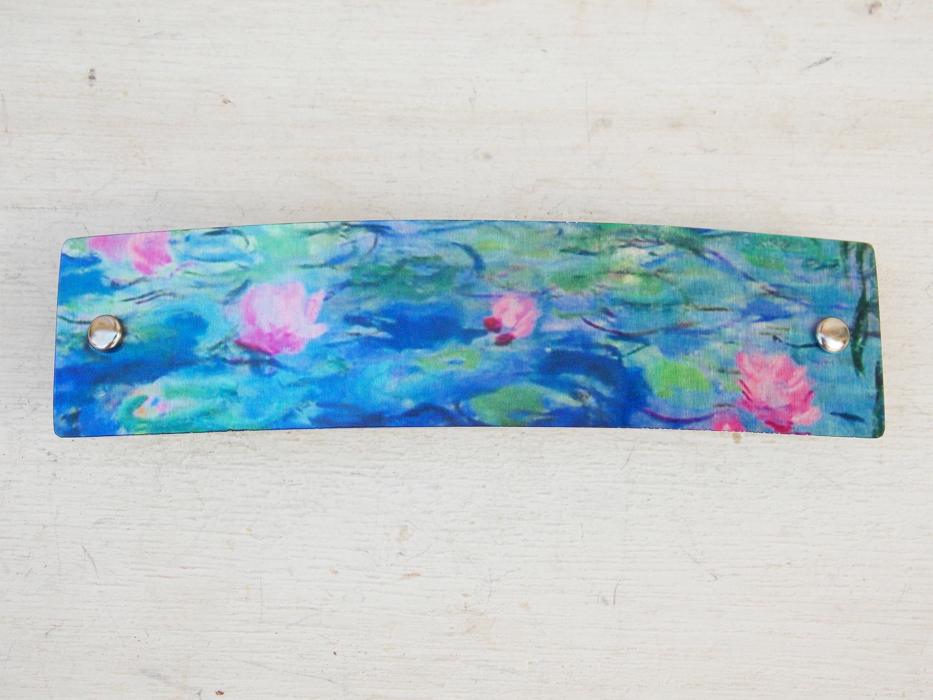 Monet water garden barrette, water lilies, French barrette, impressionistic, blue, turquoise, pink, thick hair, thin hair, gift