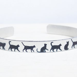 Cat cuff, kitty bracelet, cat lover gift, cat jewelry, cat silhouette, silver cat bracelet, black cat, cat owner, cat rescue, personalized