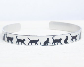 Cat cuff, kitty bracelet, cat lover gift, cat jewelry, cat silhouette, silver cat bracelet, black cat, cat owner, cat rescue, personalized