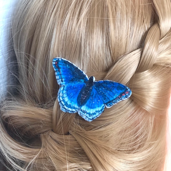 Blue butterfly snap clip, butterfly hair clip for toddlers, girls, women. For thick hair, fine hair, thin hair, glitter butterfly clip