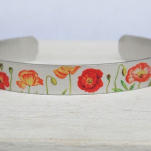 Poppy bracelet, poppy cuff, poppy flower, flower cuff, floral cuff, red orange bracelet, silver poppy bracelet, adjustable cuff, nature gift