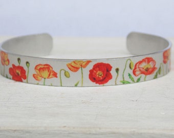 Poppy bracelet, poppy cuff, poppy flower, flower cuff, floral cuff, red orange bracelet, silver poppy bracelet, adjustable cuff, nature gift