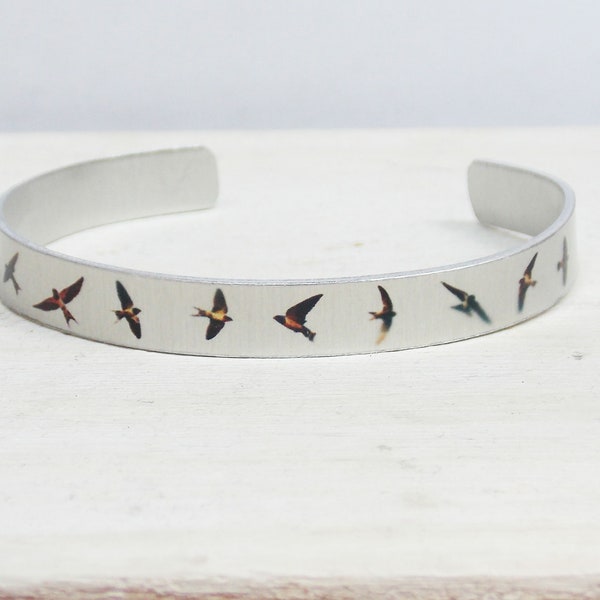 Swallow bracelet, flying birds, bird cuff bracelet, adjustable, silver birds bracelet, bird lover gift, nature cuff, bird gift, silver cuff