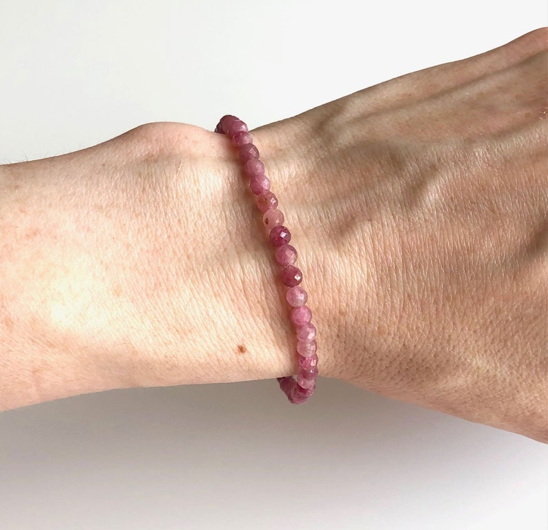 Pink tourmaline stretch bracelet, genuine pink tourmaline beaded bracelet for women, faceted gemstones, delicate, October birthstone image 2