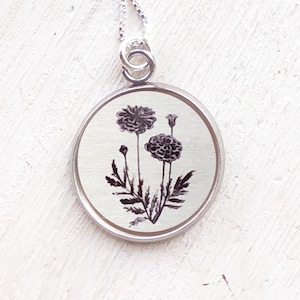 October birth flower necklace, marigold necklace, silver marigold pendant, October birthday gift, birth month flower, autumn flower necklace