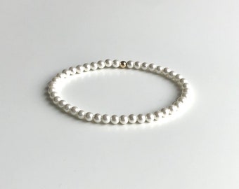 Pearl stretch bracelet, genuine shell pearl beaded bracelet for women, delicate, round pearls, 4 mm, June birthstone