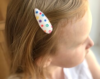 Barrette clip snap à pois, pince à cheveux pour enfants, filles, pince à cheveux pour tout-petits, pince à cheveux boutique mignonne, clip recouvert de tissu multicolore en pointillé