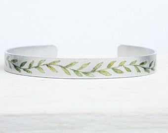 Leaf cuff, leaf vine bracelet, botanical jewelry, nature bracelet, green leaf cuff, silver leaf cuff, bridesmaid gift, olive leaf, laurel