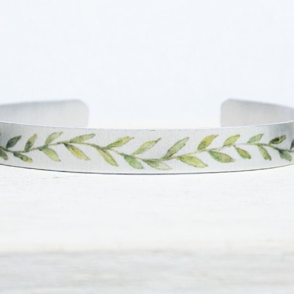 Leaf cuff, leaf vine bracelet, botanical jewelry, nature bracelet, green leaf cuff, silver leaf cuff, bridesmaid gift, olive leaf, laurel