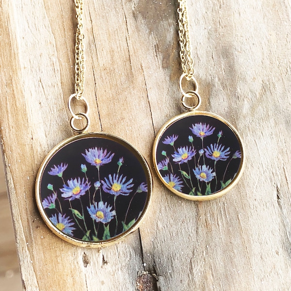 September birth flower necklace, aster necklace, blue asters, September birthday gift, birth month flower, aster pendant, mother's day gift