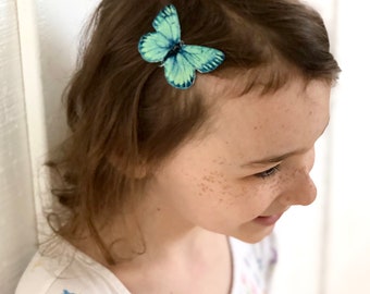 Green butterfly snap clip hair clip, for thick or fine thin hair. Fabric and vegan leather butterfly hair barrette pin for women, girls