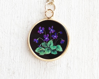 Collana con fiori di nascita di febbraio, collana viola, ciondolo viola, regalo di compleanno di febbraio, per donna, violette viola, gioielli con fiori di nascita