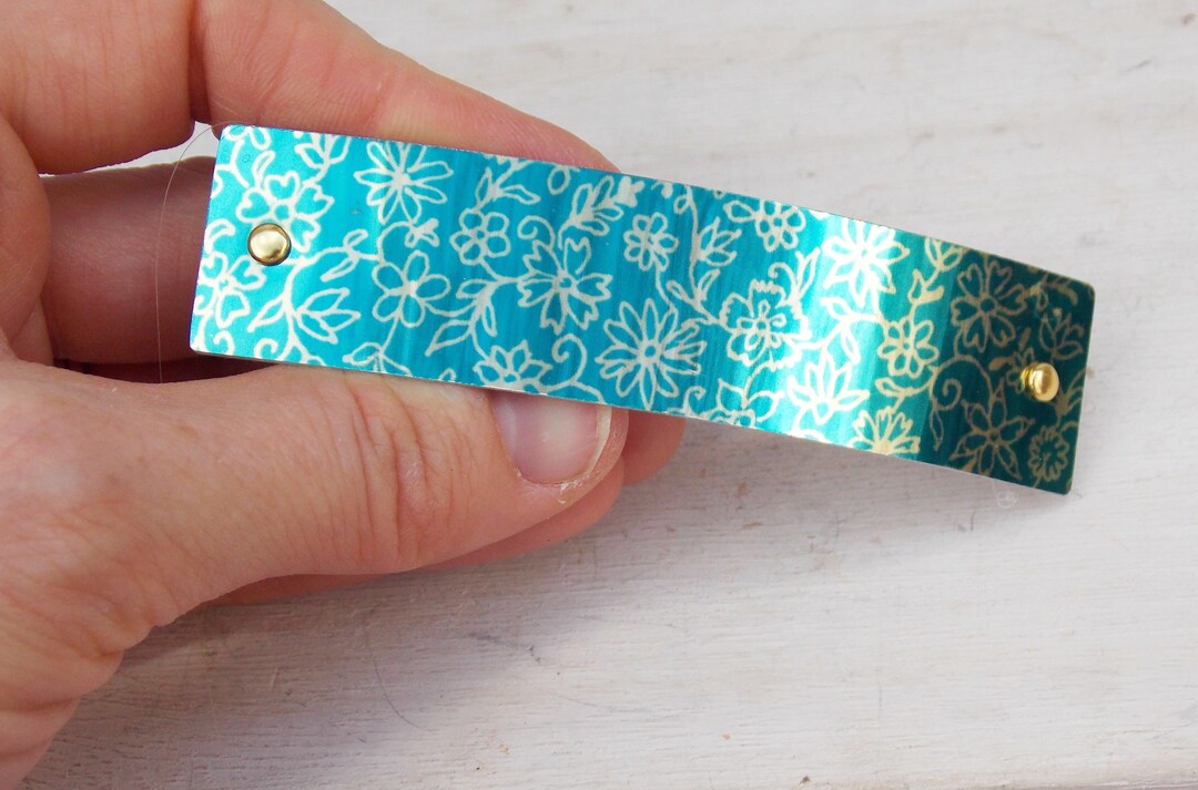 Turquoise Floral Barrette, French Barrette, Gold, Blue, Flower Barrette, Thick Hair, Thin Hair