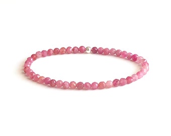 Pink tourmaline stretch bracelet, genuine pink tourmaline beaded bracelet for women, faceted gemstones, delicate, October birthstone