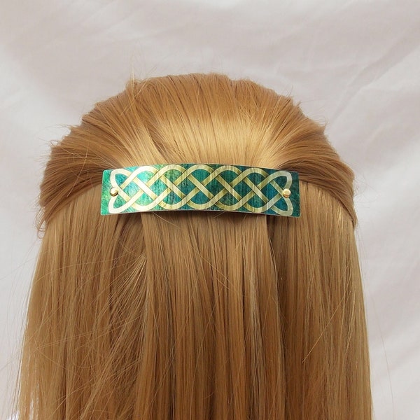 Celtic knot barrette, French barrette, Celtic braid, gold and green, St. Patrick’s Day, thick hair, thin hair, gold Celtic barrette