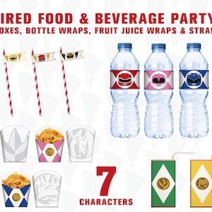 Kit de fiesta de cumpleaños inspirado en los Rangers - Comida y bebida - Cajas de papas fritas, envoltorios de botellas, envoltorios de jugo de frutas y banderas de paja - 7 personajes