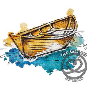 Peinture originale d'aquarelle de carte de voeux vierge jaune d'impression de bateau de doris