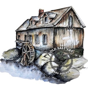 Impression aquarelle Sable River Old Grist Mill carte de voeux vierge peinture originale roue hydraulique moulin à grain impression d'art brillant mat 5 x 7 8 x 10