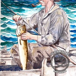 Ol' Chappy Fishing imprimir tarjeta de felicitación en blanco pintura original pez pescador
