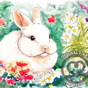 Easter Bunny Rabbit in garden watercolour print blank greeting card original painting matte glossy 5x7 8x10 art print Nova Scotia