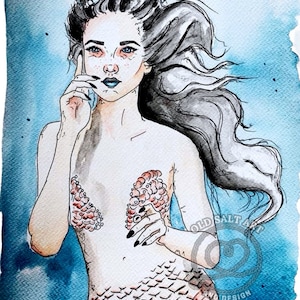 Mermaid watercolour print blank greeting card sea siren