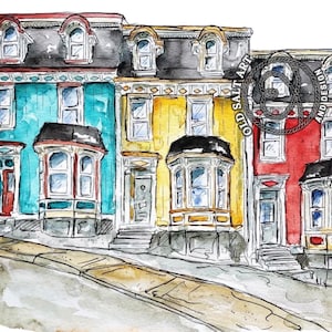 Jelly Bean huizen kleurrijke St. John's Newfoundland aquarel print blanco wenskaart origineel schilderij mat glanzend 5x7 8x10 kunstprint
