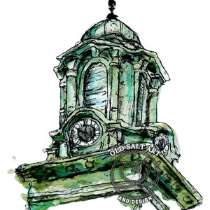 Torre dell'orologio stampa ad acquerello biglietto di auguri vuoto dipinto originale Ufficio postale di Shelburne Nuova Scozia