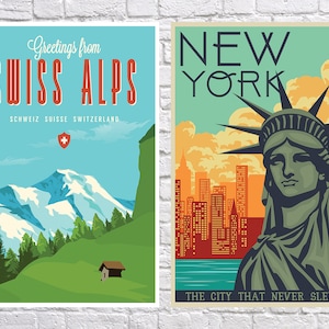 May include: Two vintage travel posters. The left poster features a mountain range with snow-capped peaks and a small cabin in the foreground. The text reads "Greetings from SWISS ALPS" and "SCHWEIZ SUISSE SWITZERLAND". The right poster features the Statue of Liberty in front of a cityscape. The text reads "NEW YORK" and "THE CITY THAT NEVER SLEEPS".