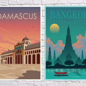 May include: Two vintage travel posters, one for Damascus, Syria, featuring a mosque with a sunset sky, and one for Bangkok, Thailand, featuring a temple with a river and a boat.