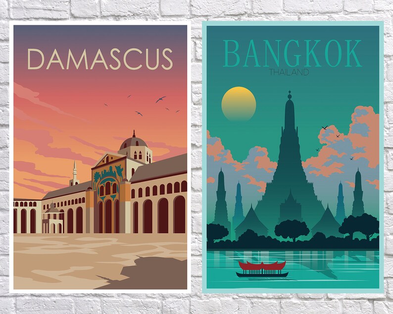 May include: Two vintage travel posters, one for Damascus, Syria, featuring a mosque with a sunset sky, and one for Bangkok, Thailand, featuring a temple with a river and a boat.