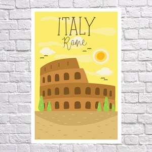 Puede incluir: Un p&oacute;ster con una ilustraci&oacute;n de dibujos animados del Coliseo en Roma, Italia. El p&oacute;ster tiene un fondo amarillo con las palabras "ITALY Rome" en la parte superior. El Coliseo es marr&oacute;n, con &aacute;rboles verdes y un sol en el fondo.