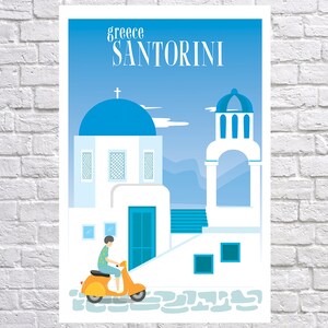 May include: A yellow scooter with a person riding it in front of a white building with a blue dome and a blue bell tower. The building has a blue door and windows. The text "greece SANTORINI" is at the top of the image.