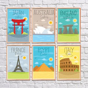 Puede incluir: Seis l&aacute;minas enmarcadas con tem&aacute;tica de viajes. Cada l&aacute;mina representa un pa&iacute;s diferente: Jap&oacute;n, Australia, Inglaterra, Francia, Egipto e Italia. Las l&aacute;minas presentan ilustraciones coloridas de monumentos famosos y el nombre del pa&iacute;s.