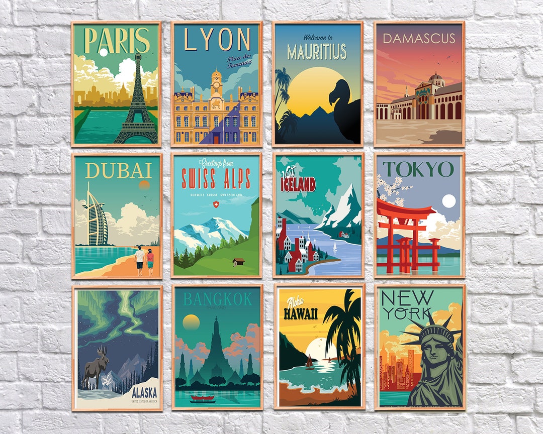 Retro Travel Posters Poster Set Art Downloads Digital pic