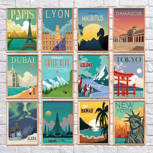 May include: A collage of twelve vintage travel posters featuring iconic landmarks and destinations around the world. The posters are in a retro style with bold colours and typography. The destinations include Paris, Lyon, Mauritius, Damascus, Dubai, Swiss Alps, Iceland, Tokyo, Alaska, Bangkok, Hawaii, and New York.