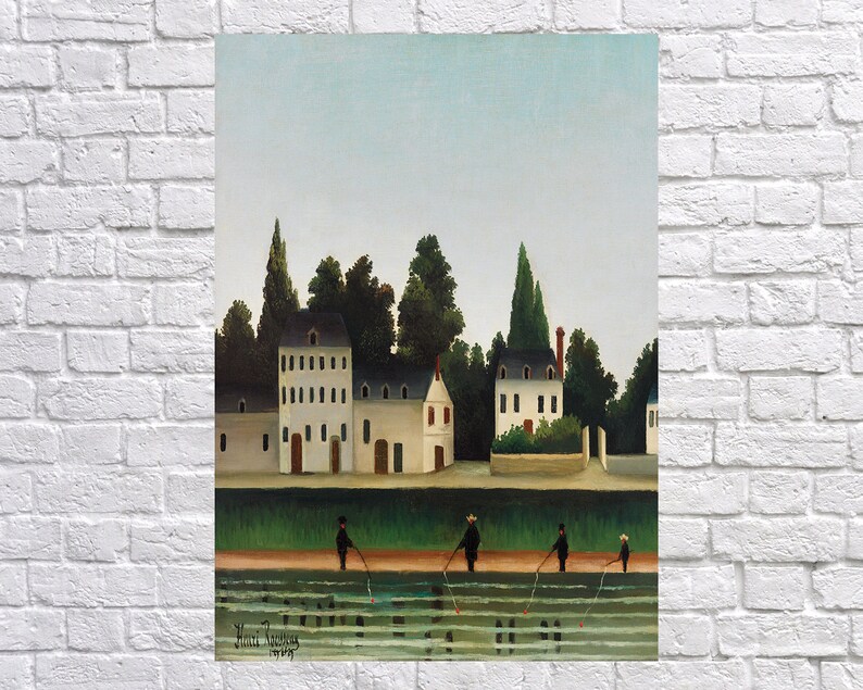 Puede incluir: Una pintura que representa una escena de pueblo con tres figuras pescando en un r&iacute;o. Las casas son blancas con techos rojos y hay &aacute;rboles en el fondo. El cielo es azul y el agua es verde.
