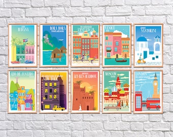 Colorful Travel Poster Set: Gallery Wall Art Prints (Digital Download)