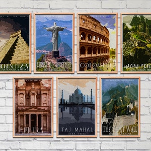 7 Wonders of the World, Travel Posters, poster set, art download, Digital prints, Colosseum, Petra, printable art, travel prints, diy decor