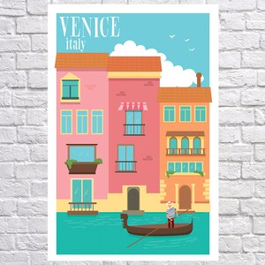 May include: A colorful illustration of buildings in Venice, Italy. The buildings are pink, orange, and yellow with blue windows and balconies. A gondolier is rowing a gondola in a canal in front of the buildings.