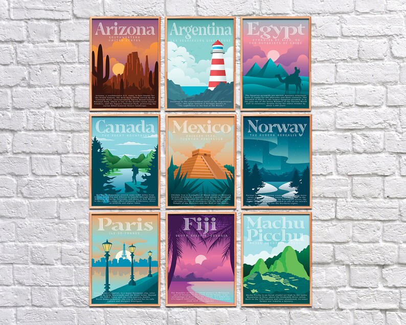 Colourful Retro Travel Posters Poster Set Art Downloads Etsy