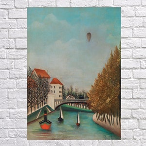 Puede incluir: Una pintura que representa una escena de r&iacute;o con un puente, edificios, &aacute;rboles y un globo aerost&aacute;tico en el cielo. El r&iacute;o es azul y el cielo es azul claro. Los edificios son blancos con techos rojos. Los &aacute;rboles son verdes y marrones. El globo aerost&aacute;tico es marr&oacute;n.