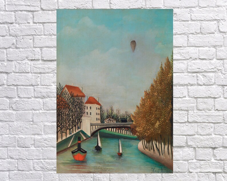 Puede incluir: Una pintura que representa una escena de r&iacute;o con un puente, edificios, &aacute;rboles y un globo aerost&aacute;tico en el cielo. El r&iacute;o es azul y el cielo es azul claro. Los edificios son blancos con techos rojos. Los &aacute;rboles son verdes y marrones. El globo aerost&aacute;tico es marr&oacute;n.