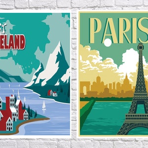 May include: Two vintage travel posters. The left poster is teal blue and white with the text "Visit Iceland" and a mountain range with a village at the base. The right poster is green and yellow with the text "Paris" and a depiction of the Eiffel Tower.