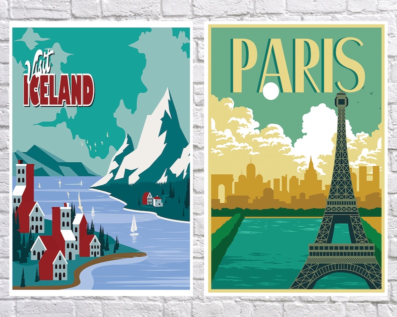 May include: Two vintage travel posters. The left poster is teal blue and white with the text "Visit Iceland" and a mountain range with a village at the base. The right poster is green and yellow with the text "Paris" and a depiction of the Eiffel Tower.