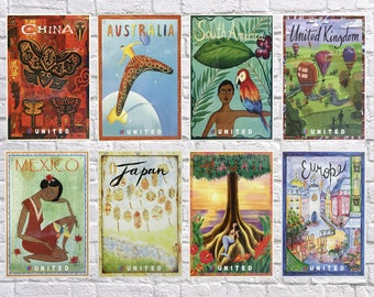 Pósteres de viaje vintage de United Airlines, impresiones artísticas de destinos (descarga digital)