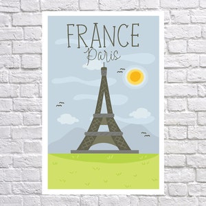 Puede incluir: Un p&oacute;ster con una ilustraci&oacute;n de dibujos animados de la Torre Eiffel en Par&iacute;s, Francia. El texto "FRANCE Paris" est&aacute; en la parte superior. La torre es gris, sobre un cielo azul con un sol amarillo, nubes y hierba verde.